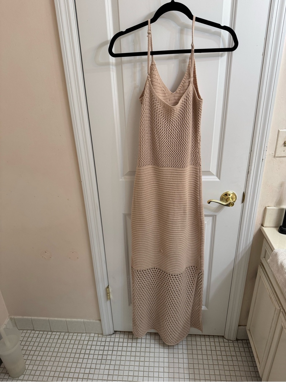 Neutral Crochet Maxi Dress with Spaghetti Straps - Picture 3 of 3